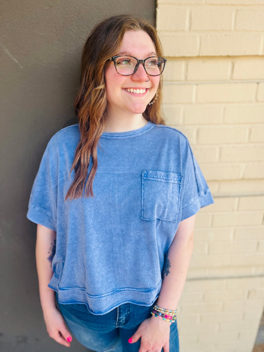 Washed Oversized Crop Tee - Navy