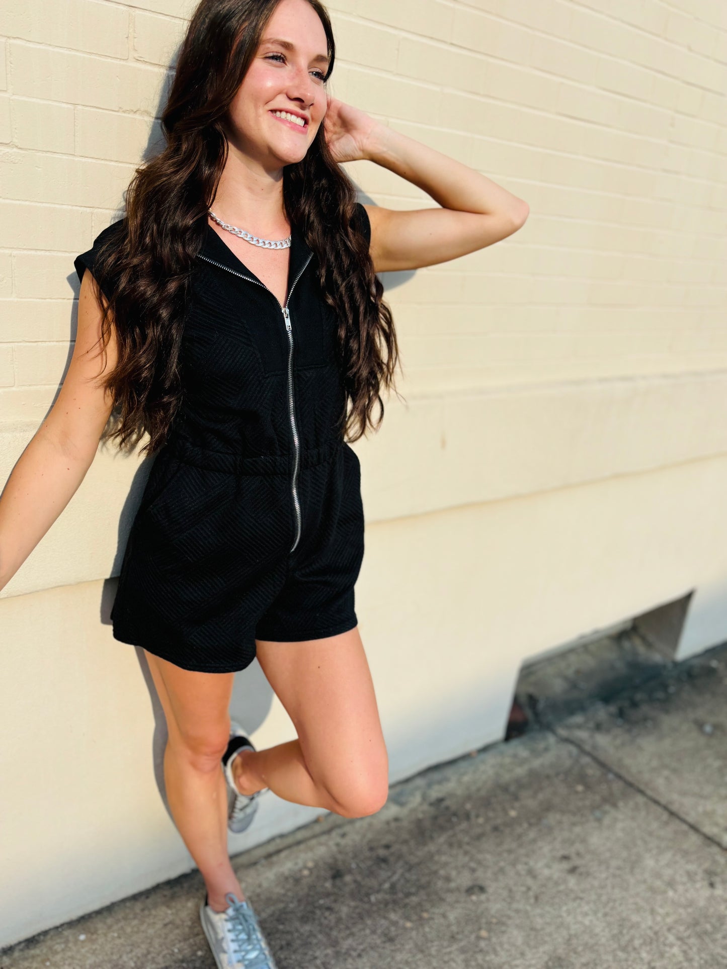 Drop Shoulder Textured Front Zip Romper - Black