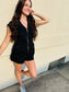 Drop Shoulder Textured Front Zip Romper - Black