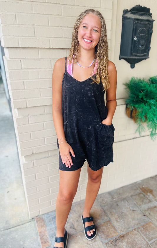 Mineral Washed Sleeveless Romper - Black