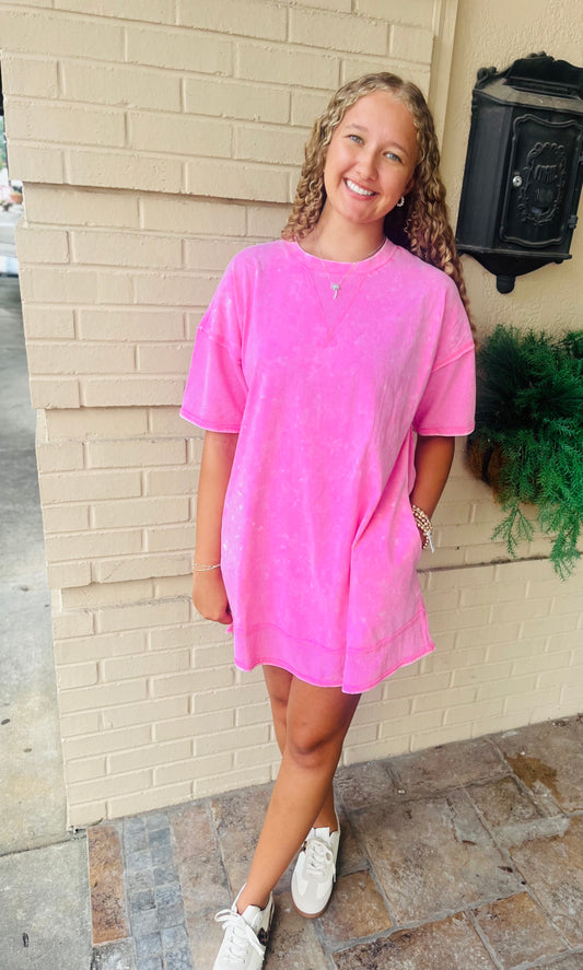 Mineral Washed Comfy Knit Dress - Pink