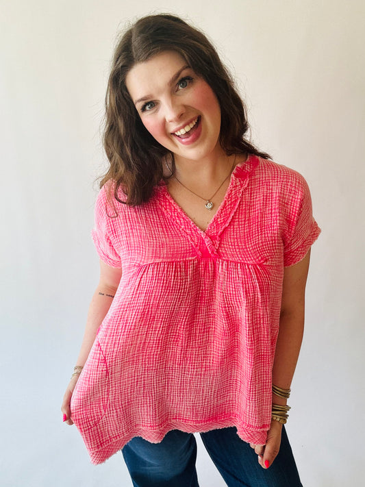 Washed Gauze Top - Fuchsia