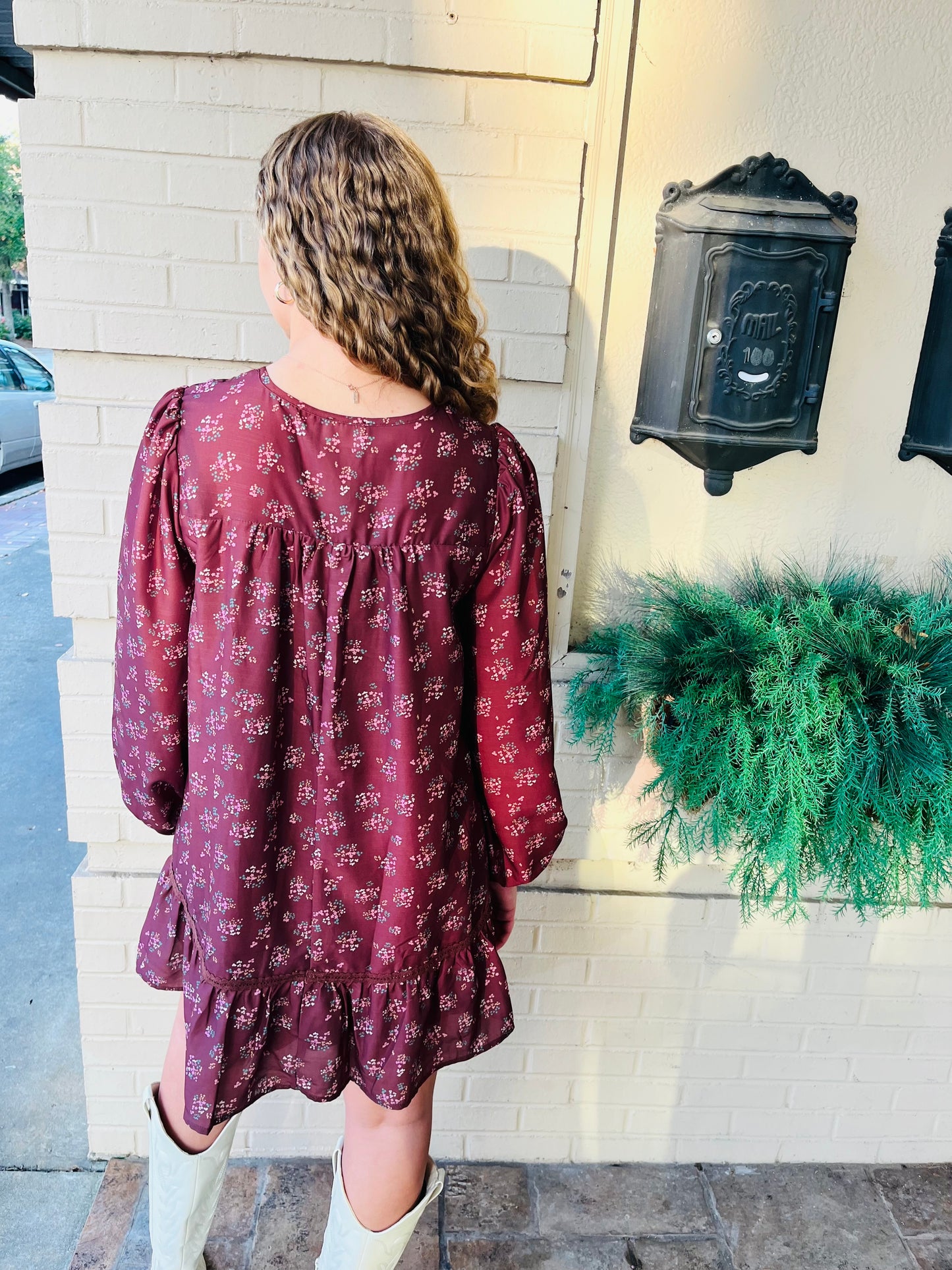 Floral Printed Front Bow Dress - Chocolate