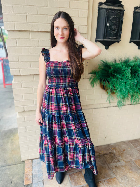 Plaid Smocked Tiered Midi Dress - Navy