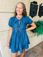 Chambray Front Tie Puff Sleeve Dress