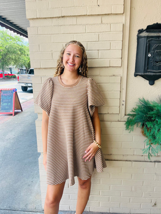 Puff Sleeve Striped Dress - Latte