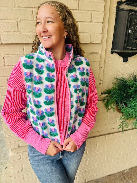 Textured Bow & Floral Printed Vest