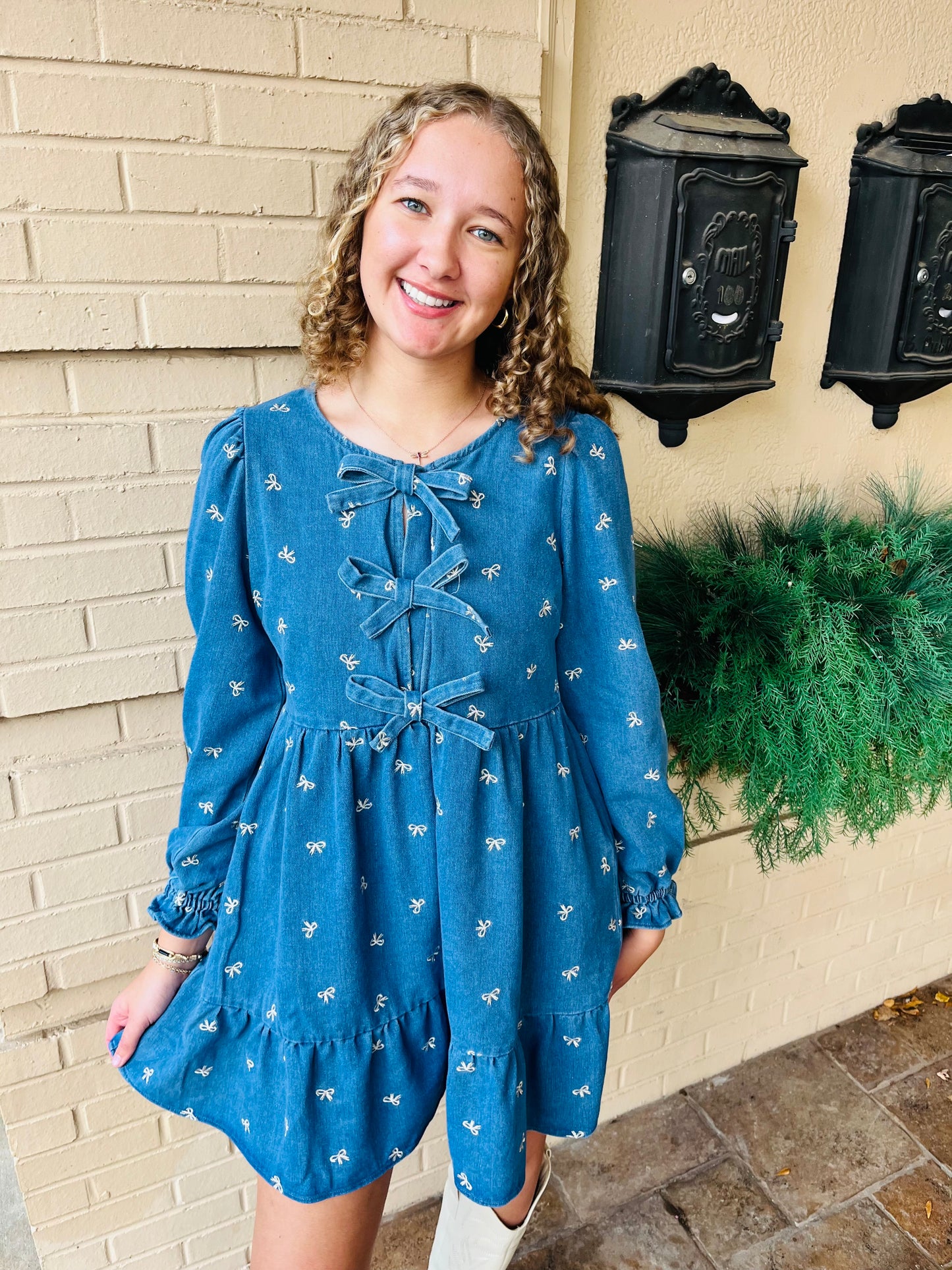 Washed Denim Bow Printed Dress - Indigo