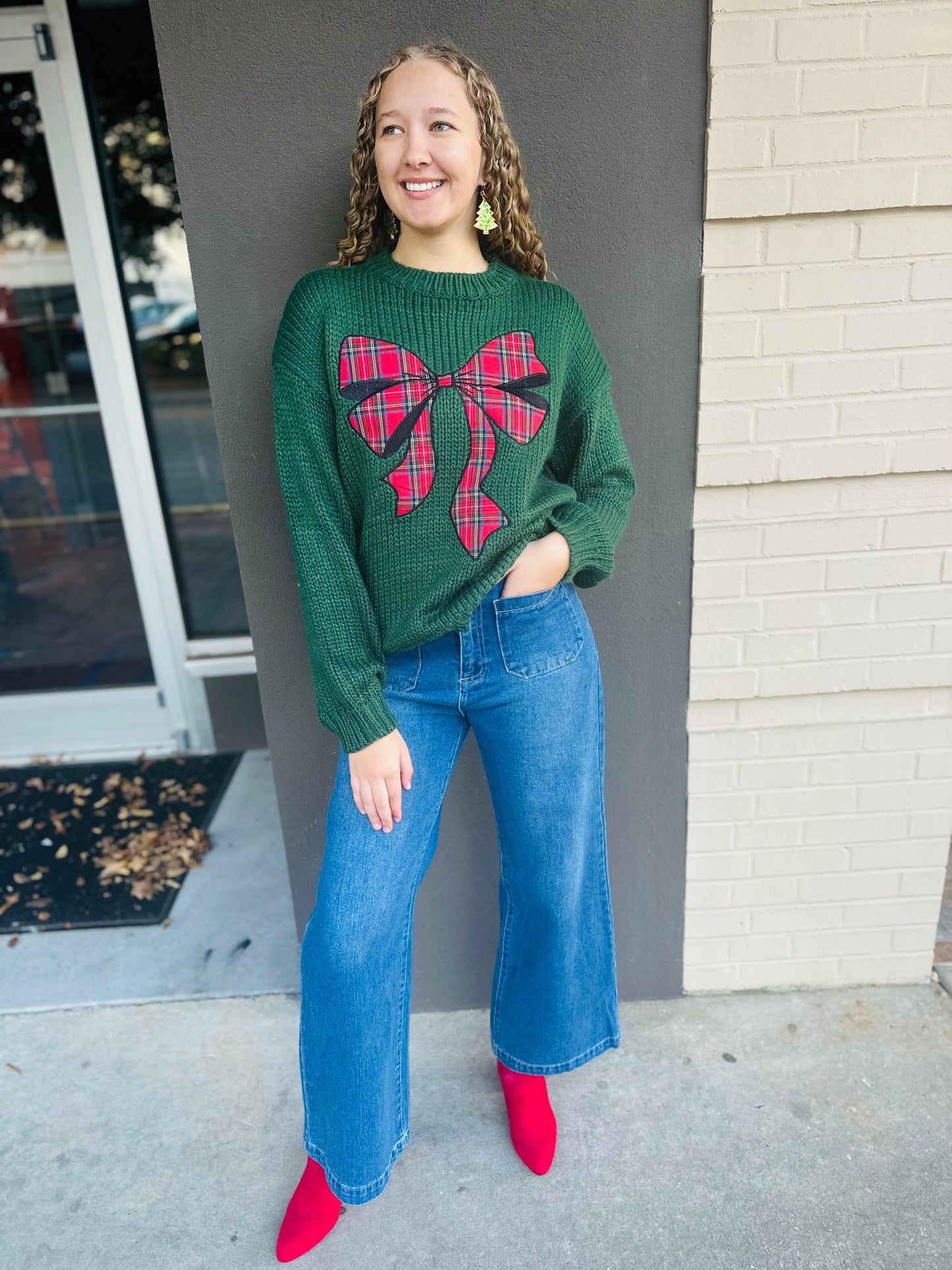 Christmas Sweater with Plaid Ribbon Bow - Hunter Green