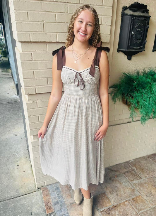 Plaid Ribbon Tie Strap Corset Midi Dress