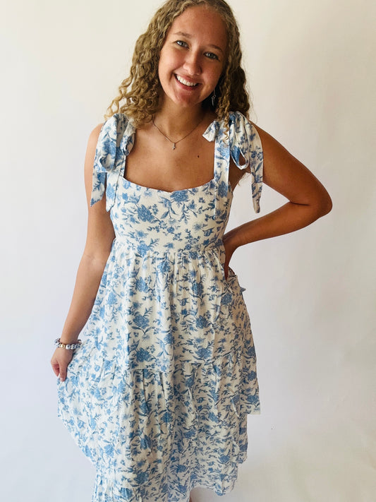 Floral Tie Strap Ruffle Tiered Midi Dress - Blue Multi