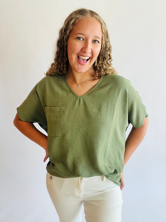 Airflow V-Neck Dolman Pocket Top - Lt Olive