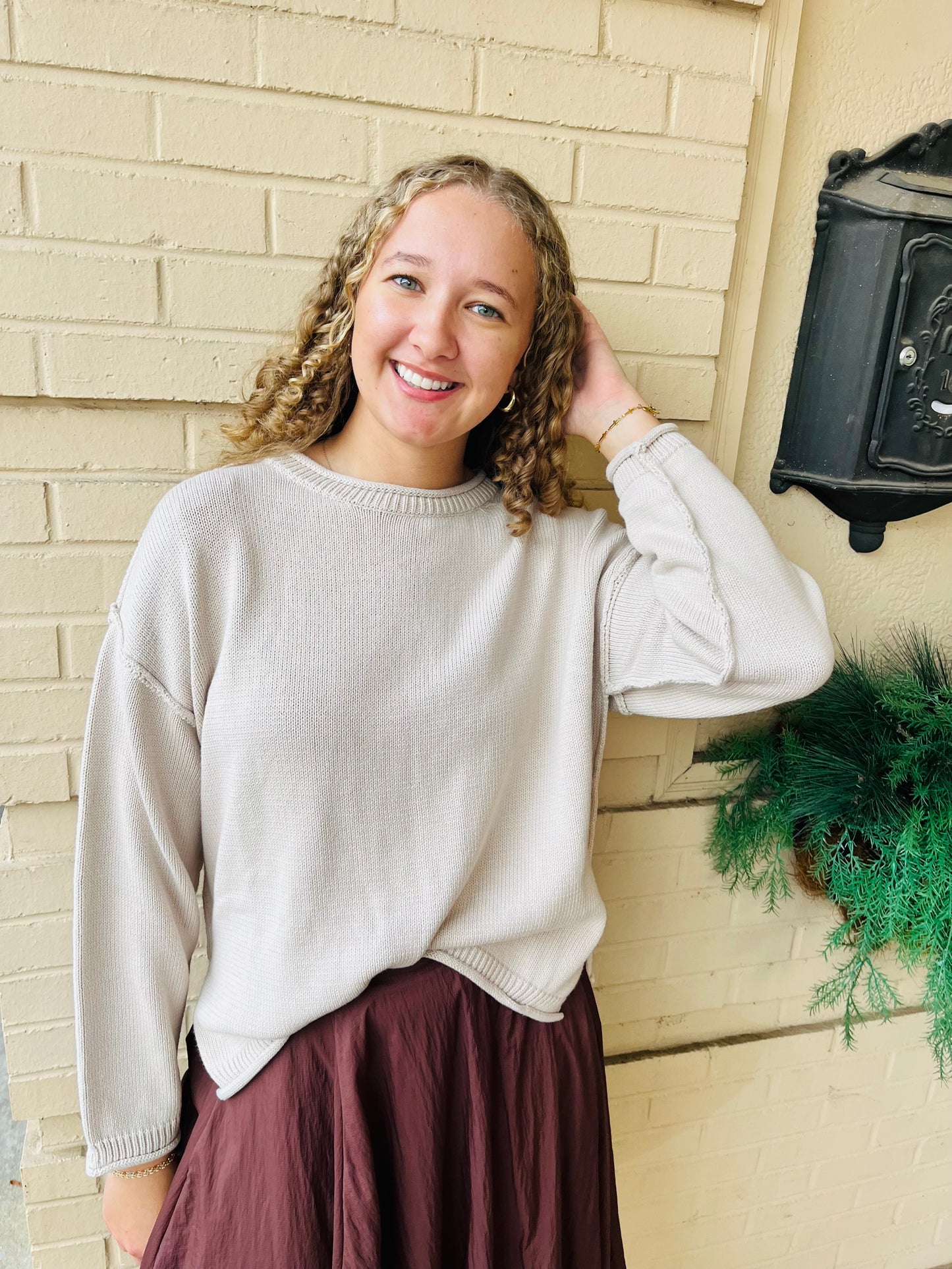 Oversized Side Slit Knit Sweater - Oatmeal