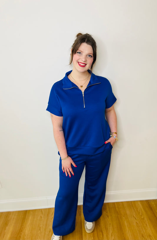 Short Sleeve Quarter Zip and Pants Modal Set - Royal Blue