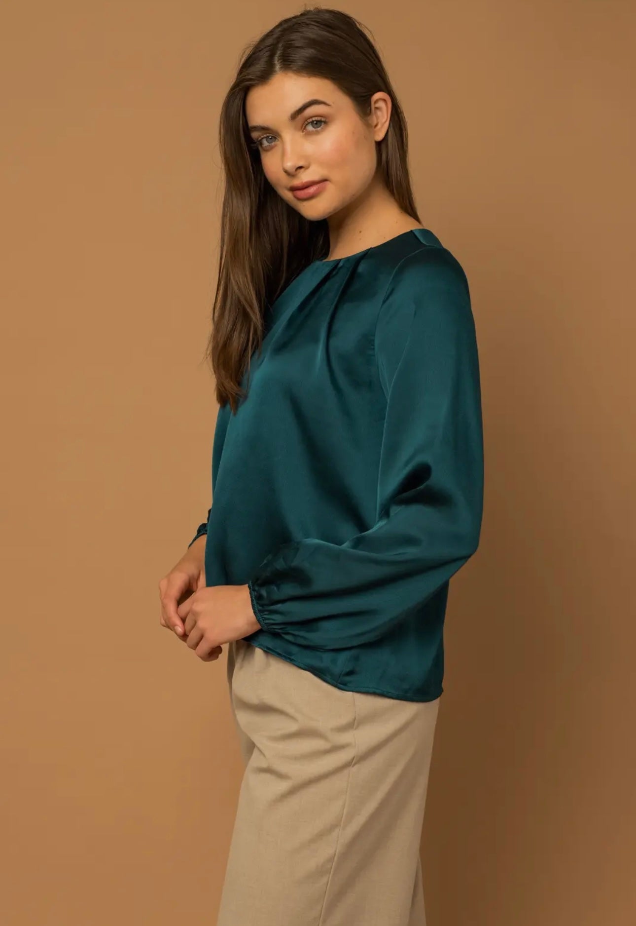 Long Sleeve Pleated Satin Top - Teal