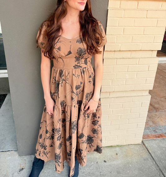 Textured Floral Sweetheart Neck Midi Dress - Khaki Multi