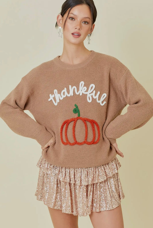 Thankful 3D Embroidered Sweater - Dusty Brown