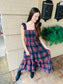 Plaid Smocked Tiered Midi Dress - Navy