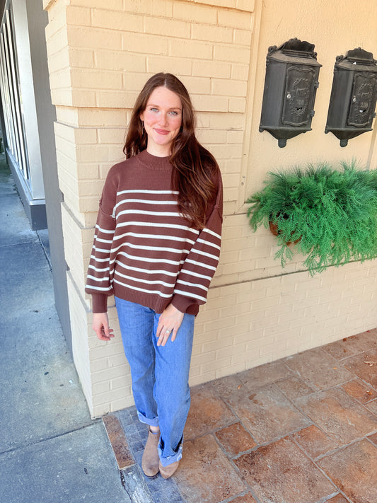 Striped Oversized Sweater - Brown