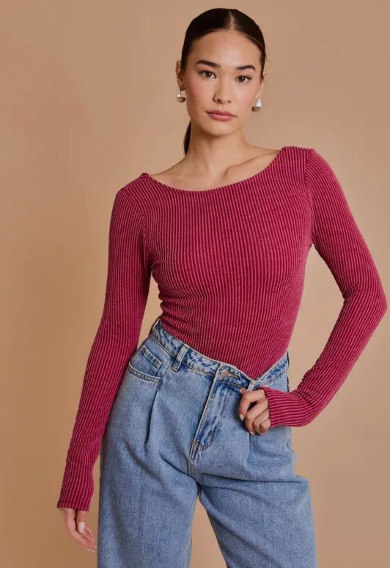 Long Sleeve Back Scoop Bodysuit - Burgundy