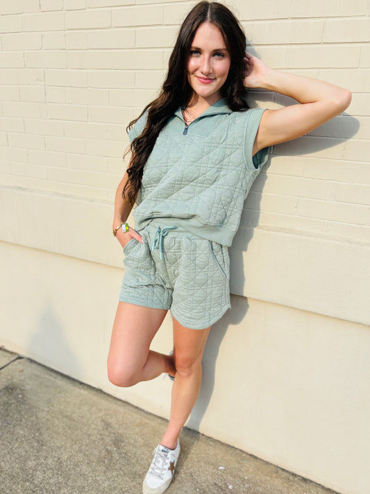 Textured Quilt Drawstring Shorts - Sage