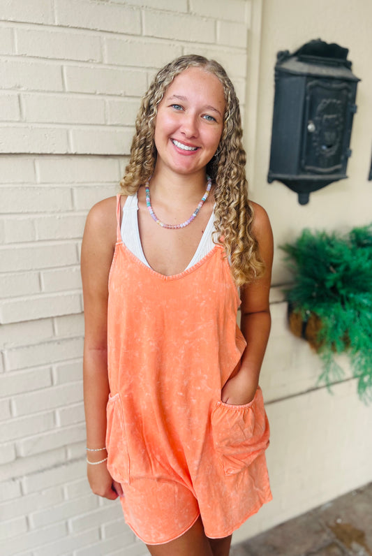 Mineral Washed Sleeveless Romper - Sunset