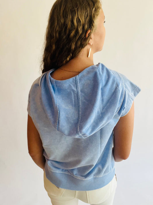 Washed Hooded Half Zip Knit Top