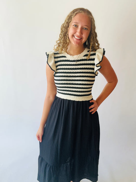 Stripe Sweater Top Mixed Media Midi Dress - Black