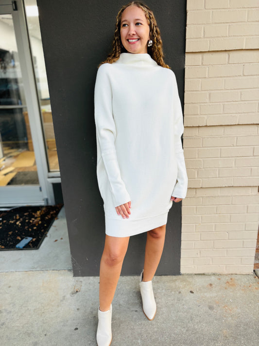 Slouch Neck Doleman Tunic Sweater Dress - Cream