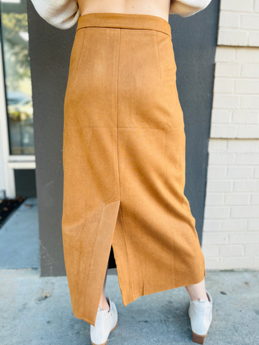 Super Soft Suede Midi Skirt with Backslit - Caramel