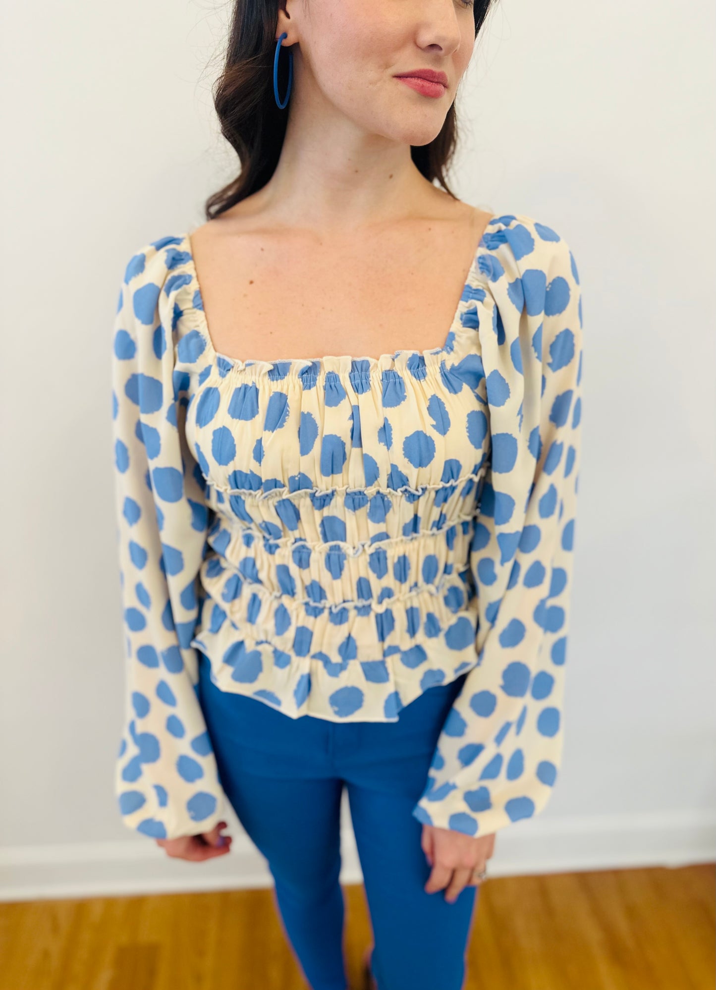 Blue/Cream Polka Dot Smocked Bodysuit