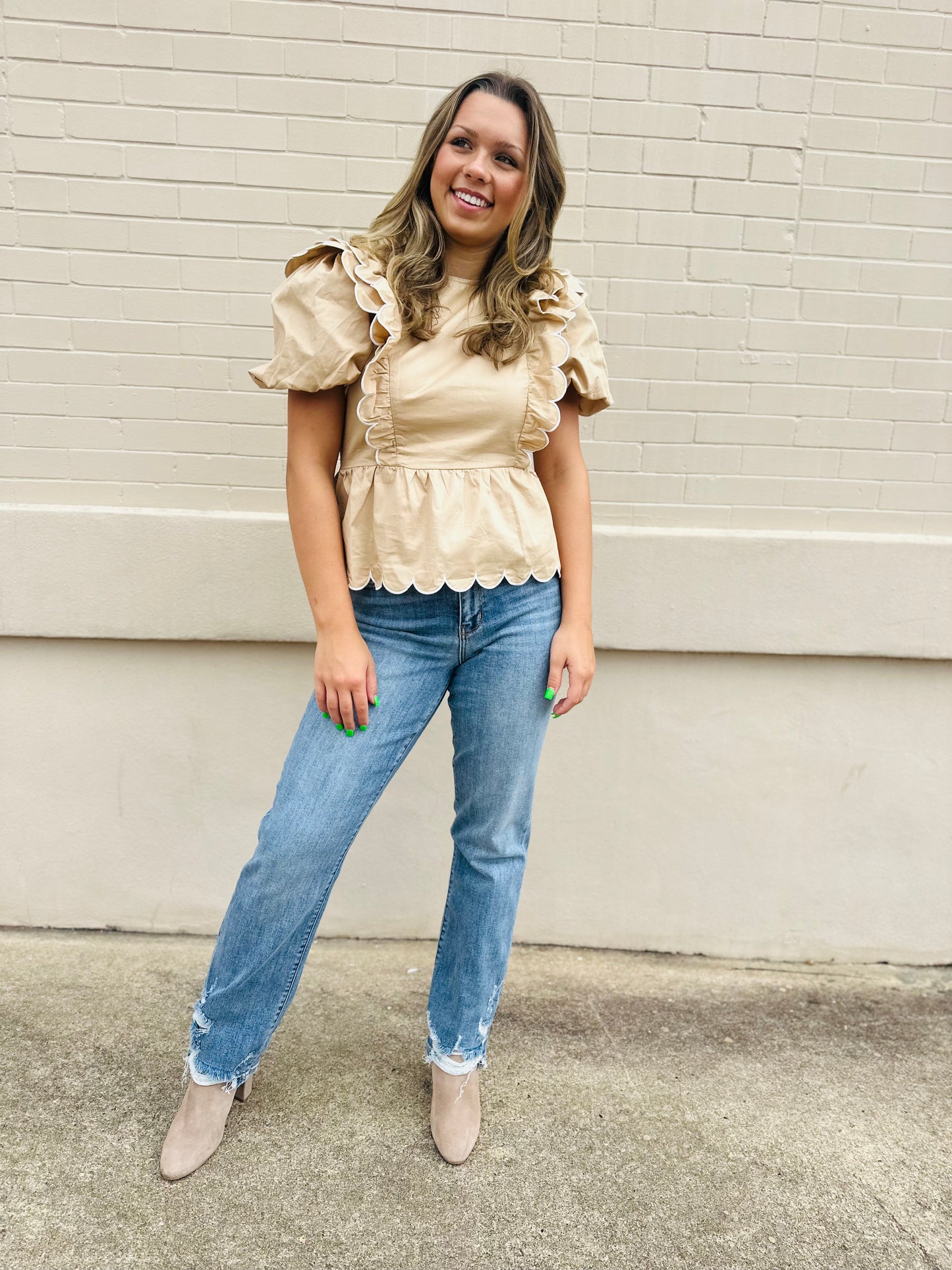 Scalloped Detail Round Neck Top - Khaki