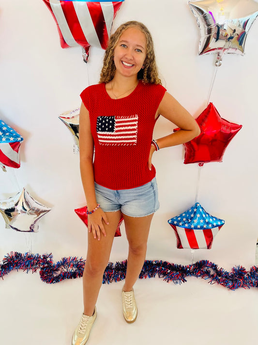 American Flag Crochet Knit Top