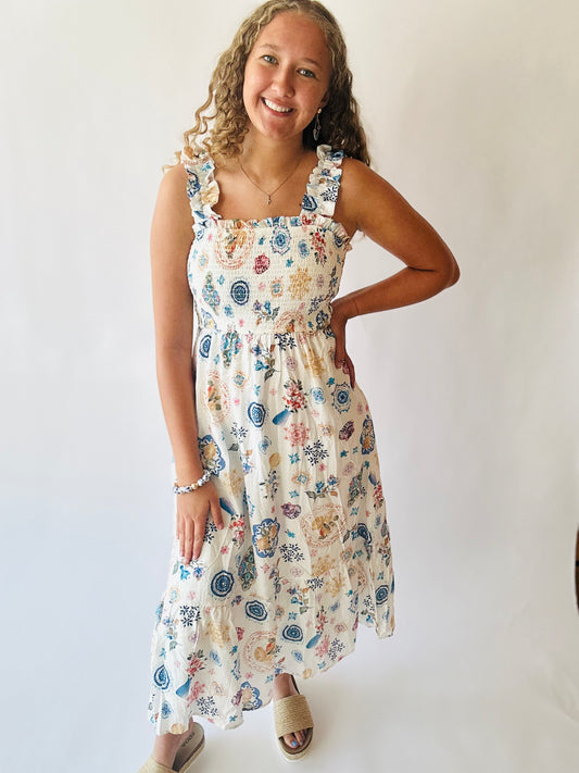 Print Smocked Sleeveless Midi Dress - Blue Multi