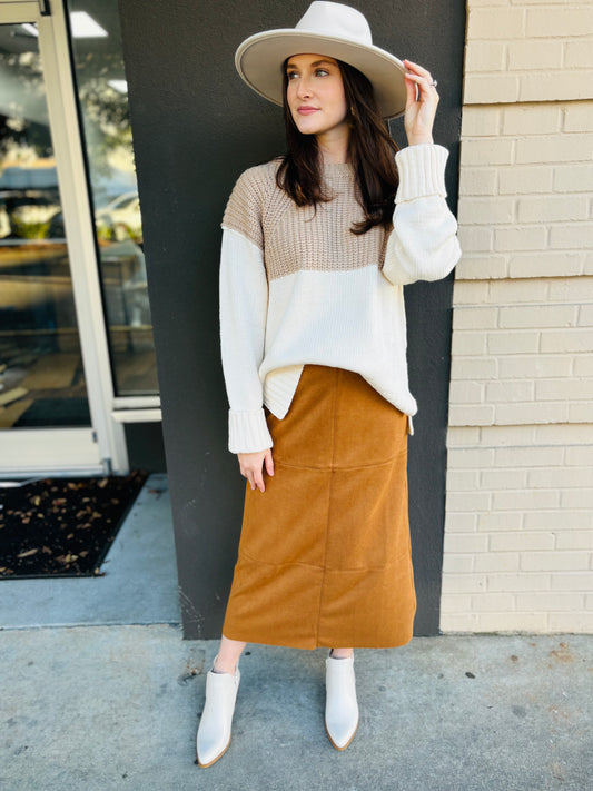 Mixed Media Long-Sleeved Sweater Top - Taupe/Cream