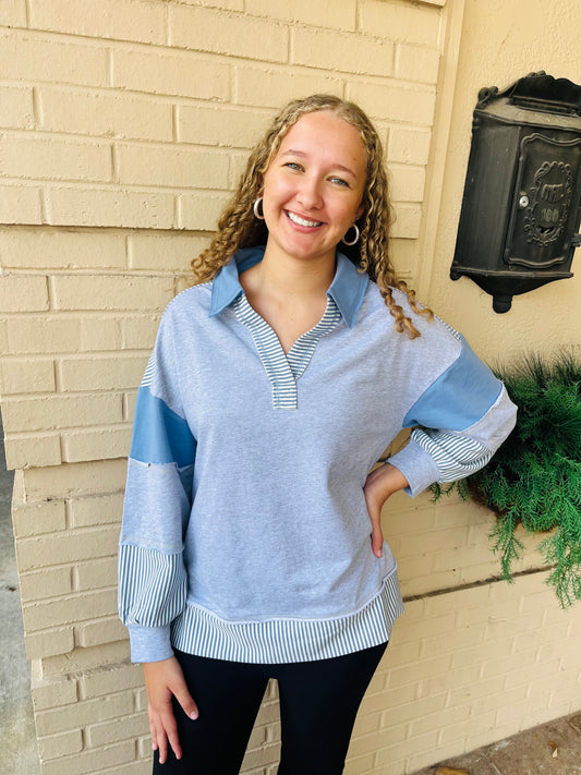 Color Block Solid & Stripe Pullover - H Gray