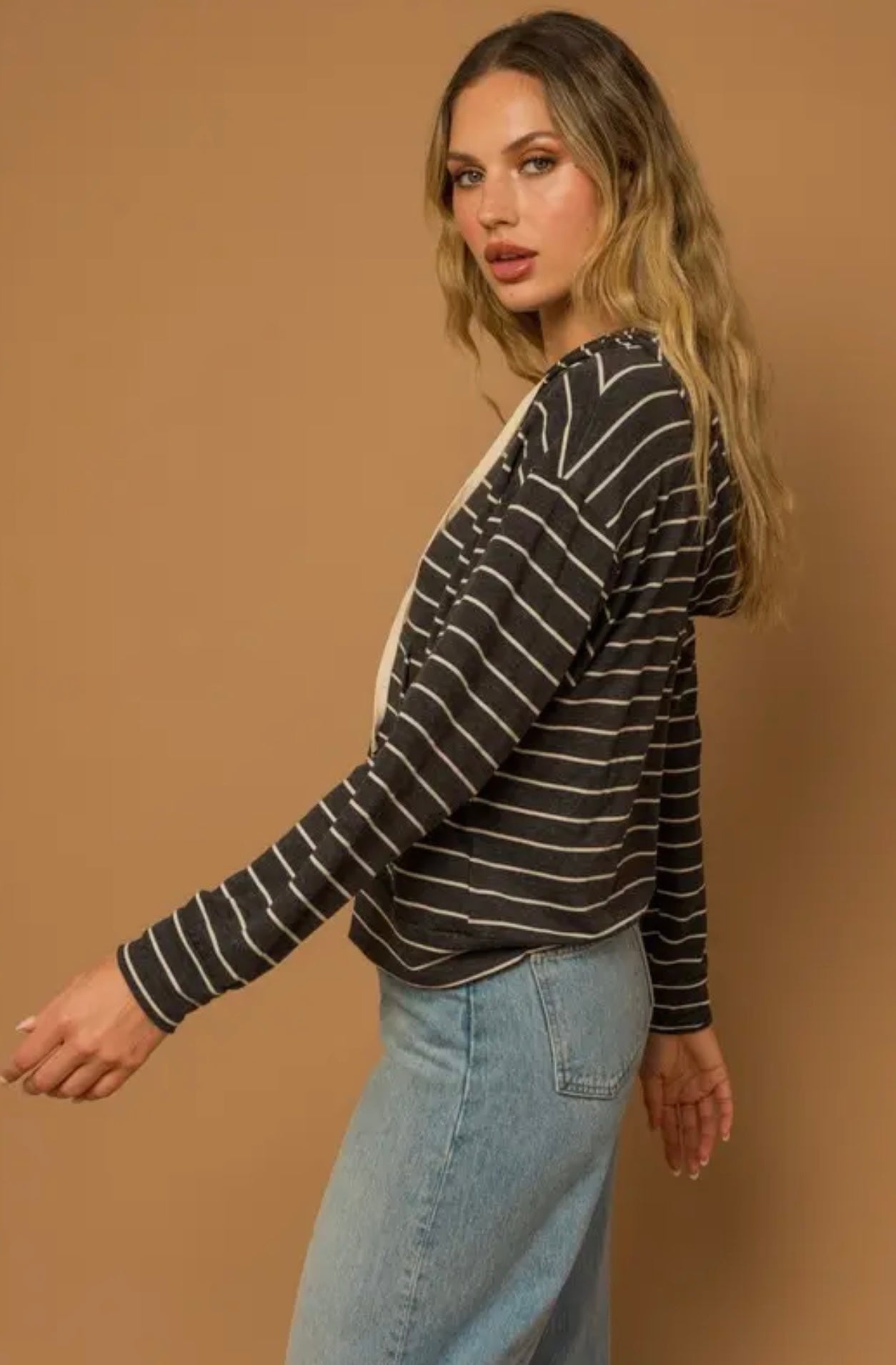 Long Sleeve Solid Hoodie Stripe Top - Charcoal