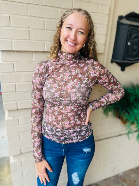Fitted Sheer Mesh Lace Top - Chocolate Floral