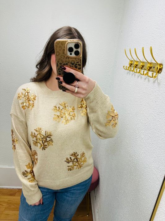 Sequin Snowflake Solid Knit Sweater - Sand