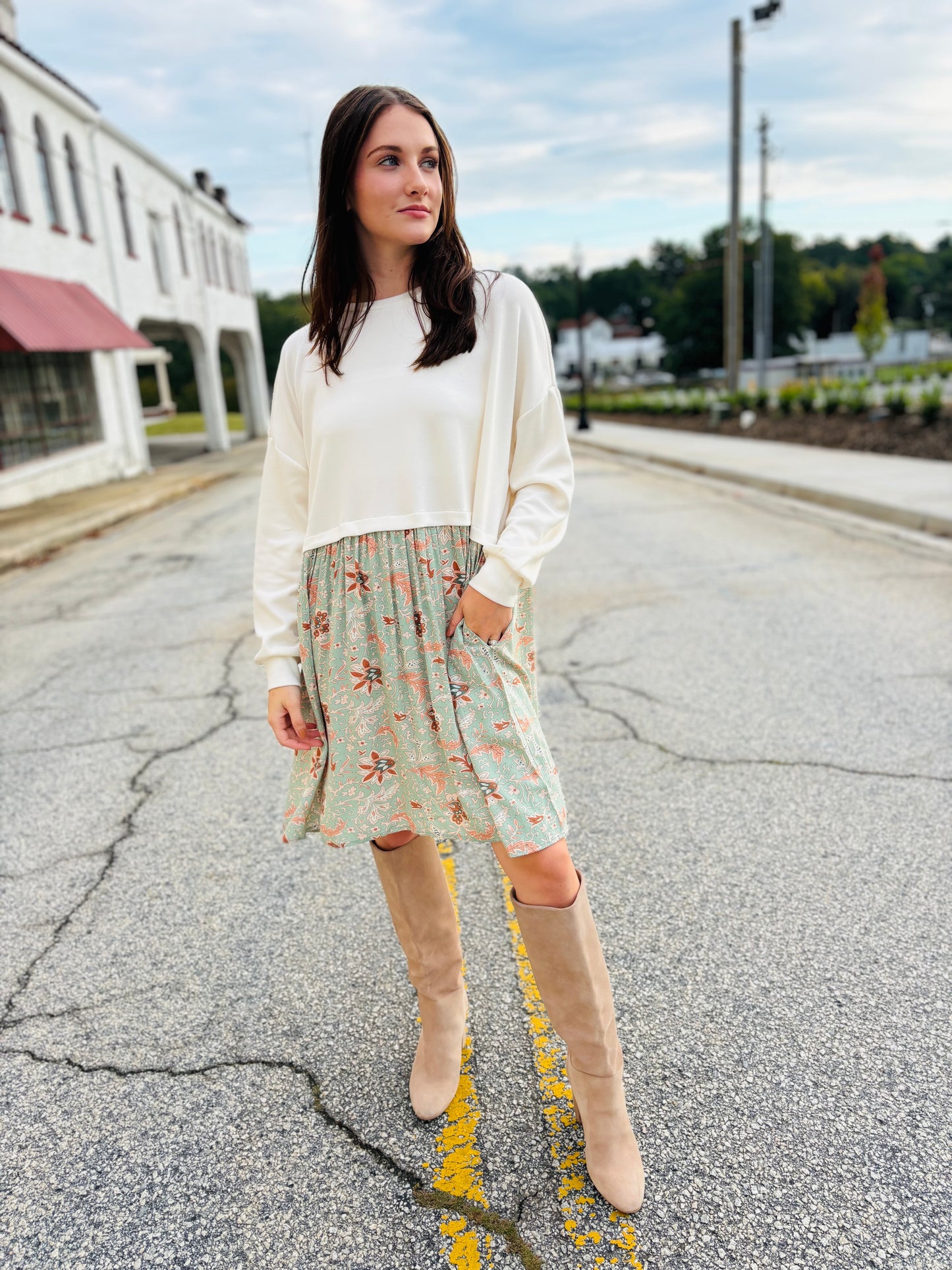 Floral Contrast Sweatshirt Dress - Ivory Combo