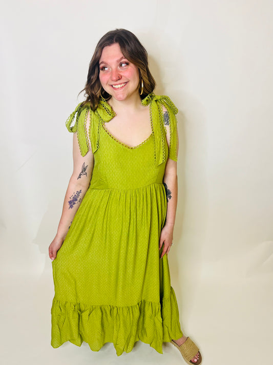 Plus Scallop Eyelet Trim Tie Strap Midi Dress - Light Olive