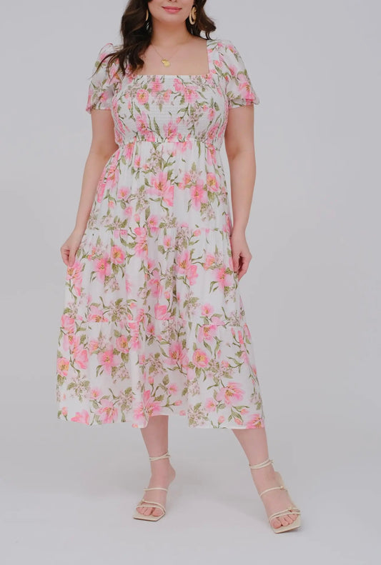 Plus Floral Smocked Midi Dress - Pink Multi