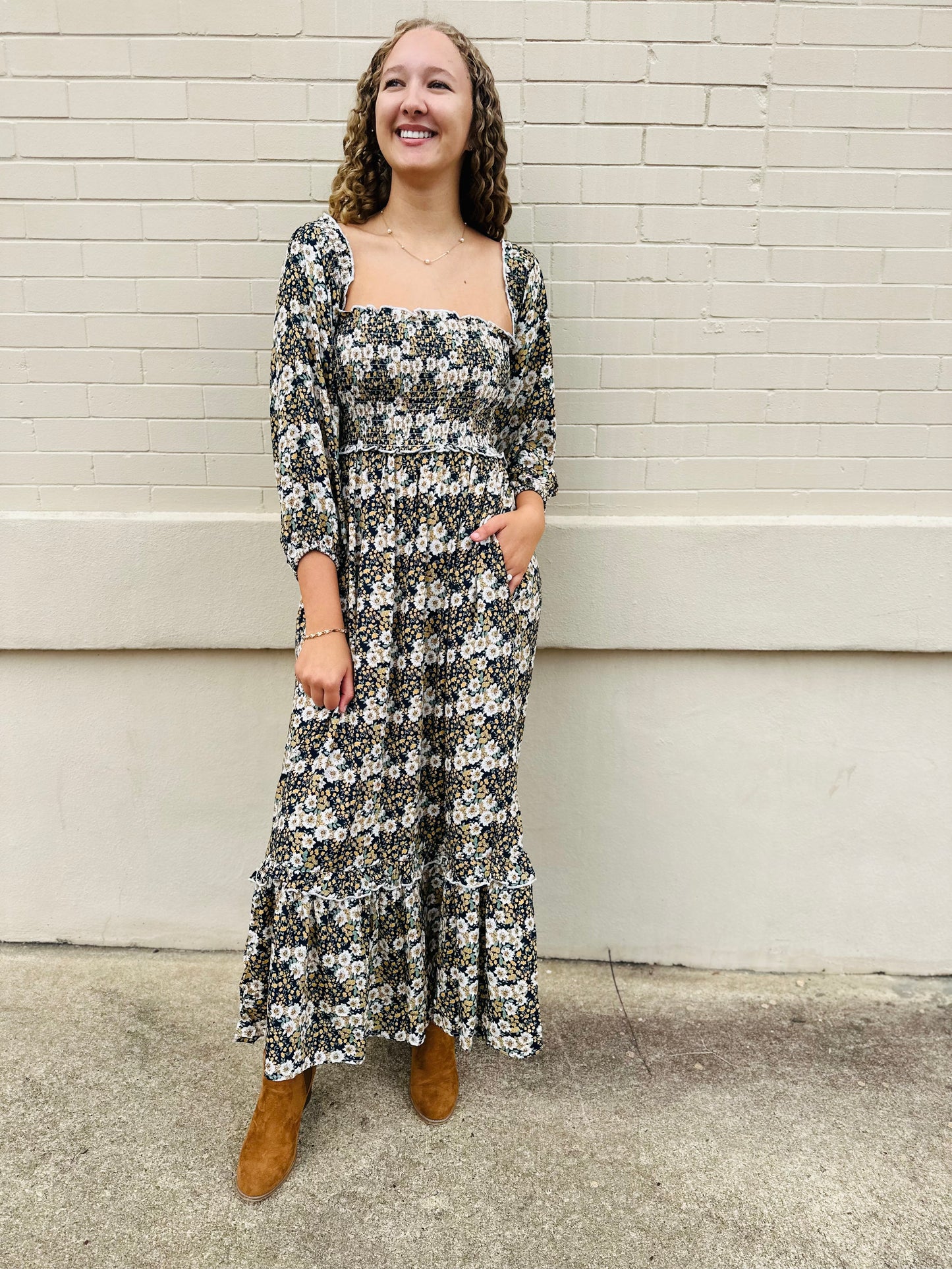 Smock Detailed Maxi Floral Dress - Midnight