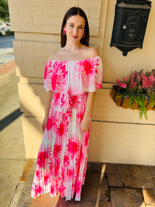 Printed Off Shoulder Pleated Maxi Dress - Off White