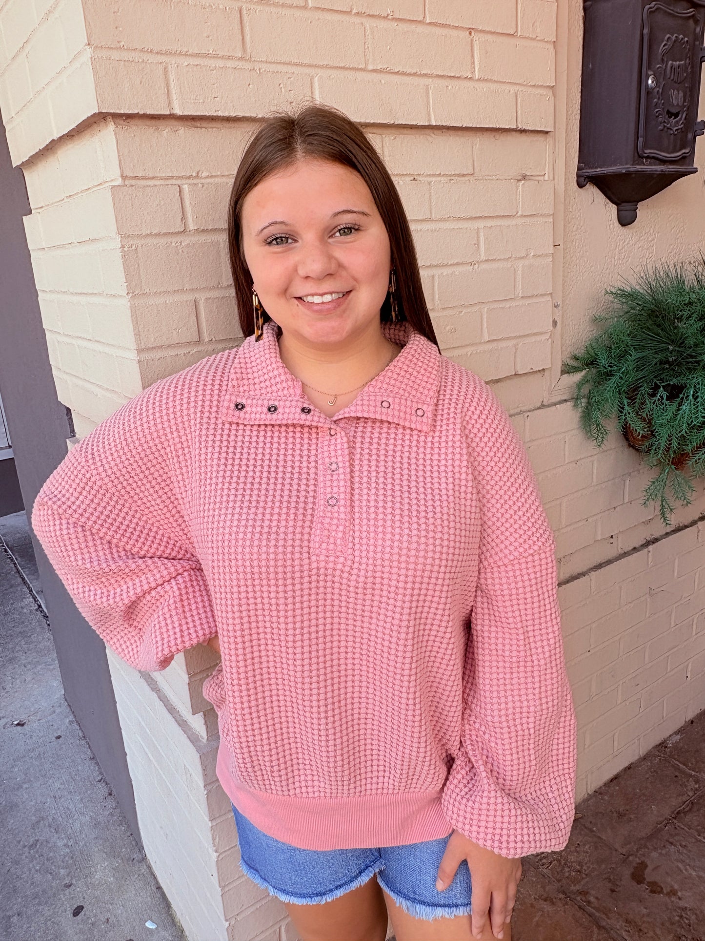 Oversized Half Button Down Waffle Knit Pullover - Pink