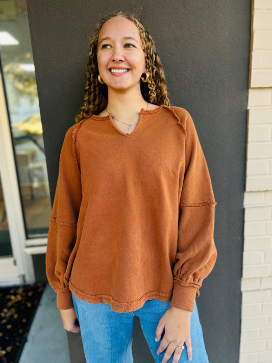 Oversized Garment Notched Top - Cognac