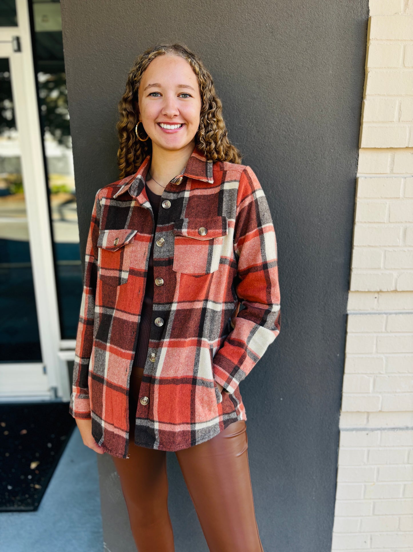 Flannel Plaid Shacket With Pockets - Taupe Plaid