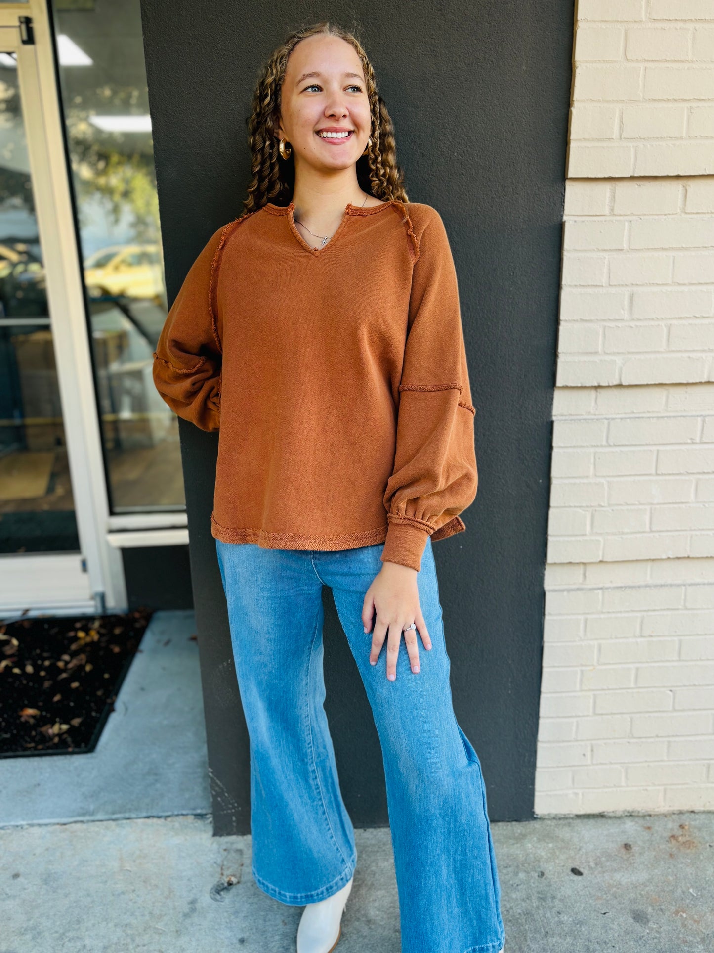 Oversized Garment Notched Top - Cognac