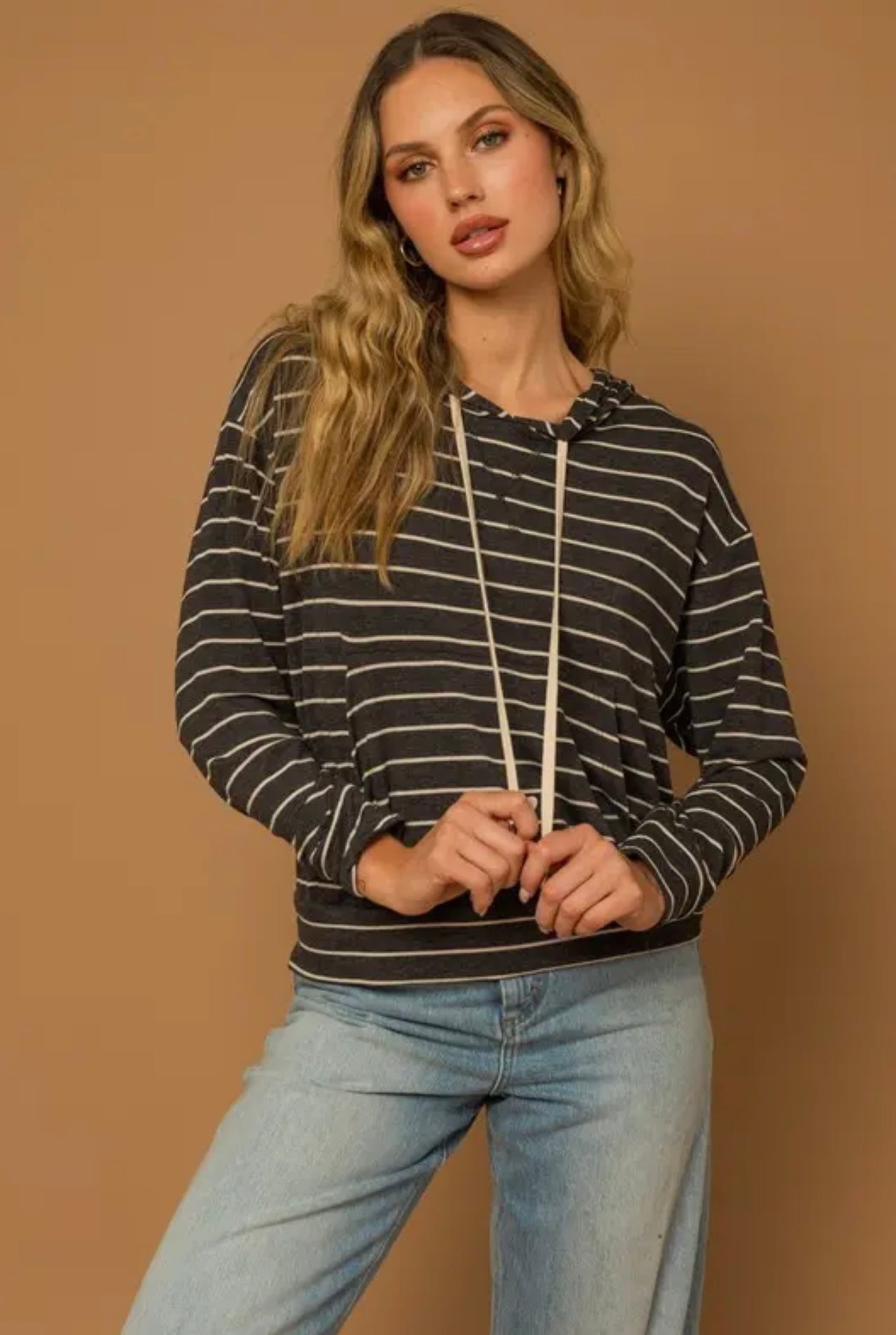 Long Sleeve Solid Hoodie Stripe Top - Charcoal