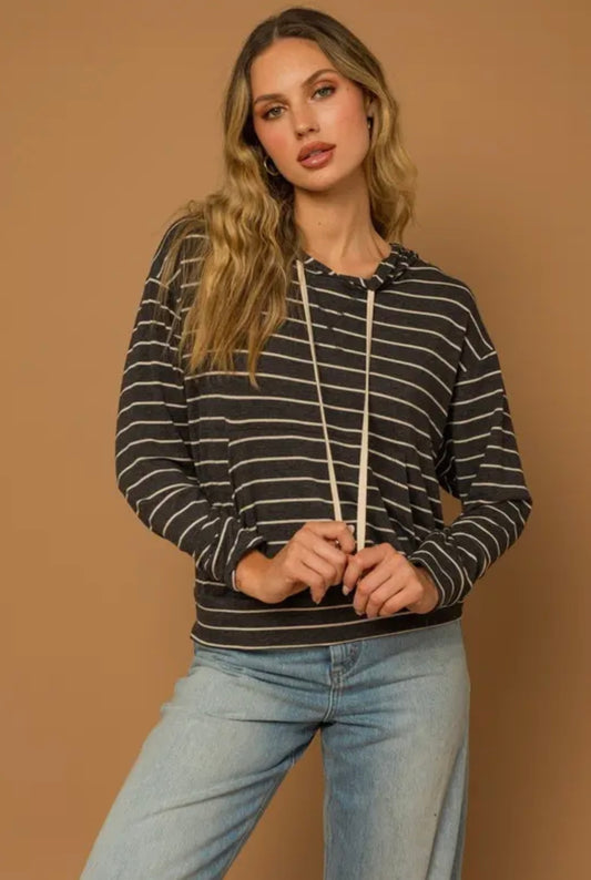 Long Sleeve Solid Hoodie Stripe Top - Charcoal